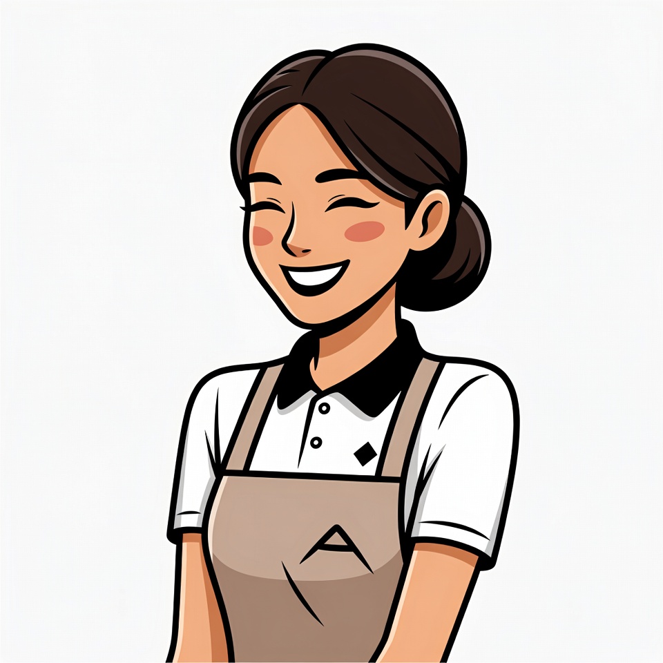 Smiling Asian woman in uniform apron Smiling Asian woman in uniform apron
