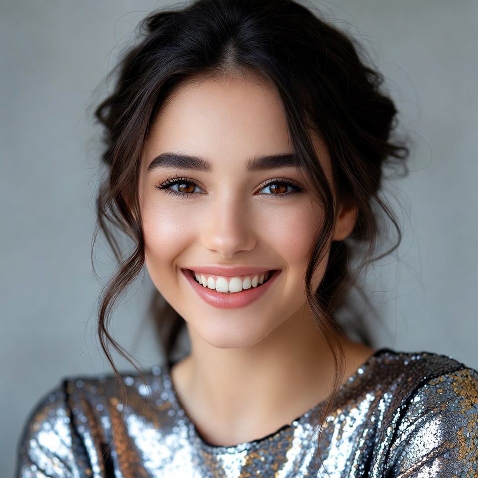 Smiling woman in sequin dress Smiling woman in sequin dress