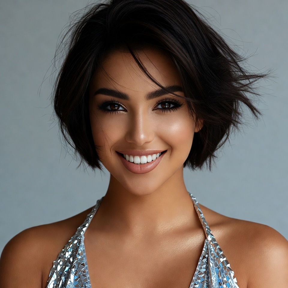 Smiling woman with short black hair Smiling woman with short black hair