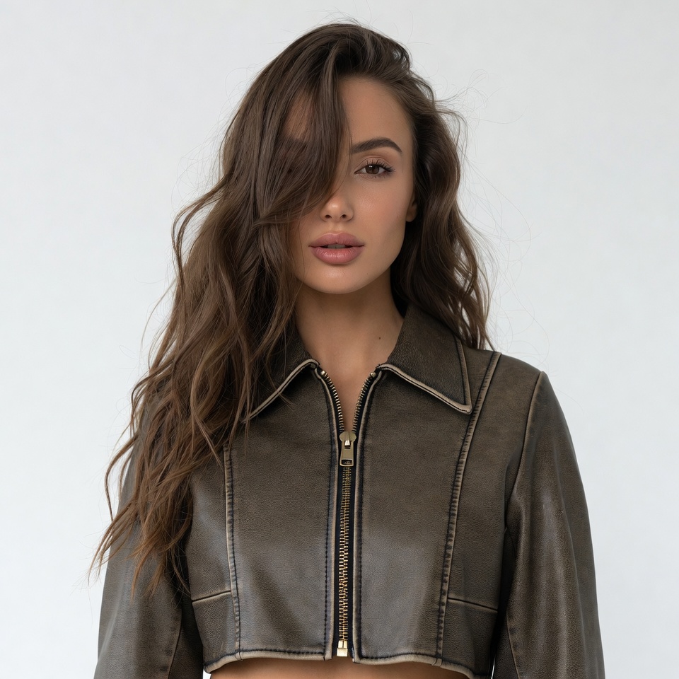 Woman in brown leather crop jacket Woman in brown leather crop jacket