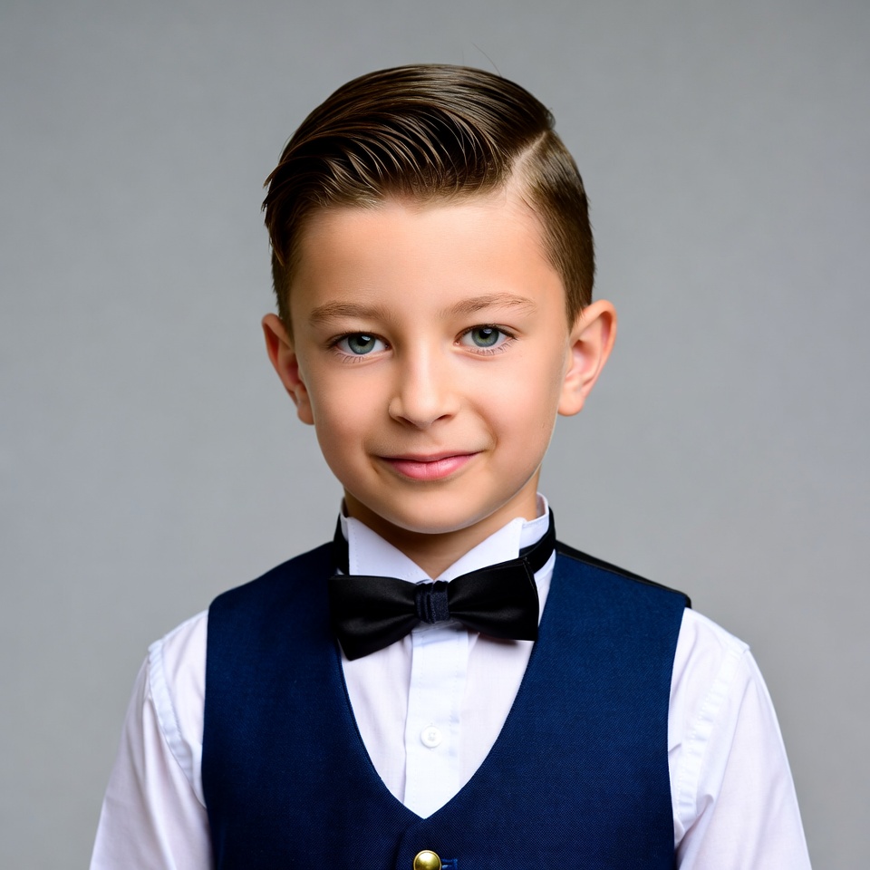 Boy in navy vest and black bowtie Boy in navy vest and black bowtie