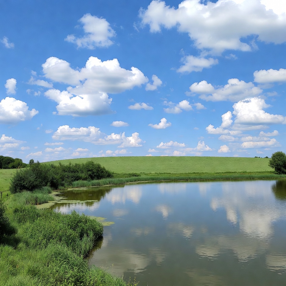 Green Pond with Hills and Blue Sky Green Pond with Hills and Blue Sky