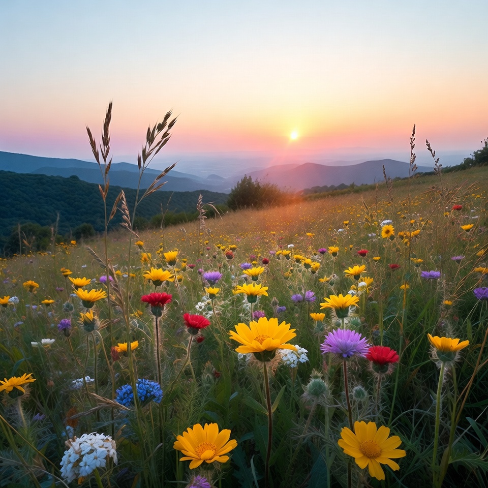 Sunset over wildflower mountain meadow Sunset over wildflower mountain meadow