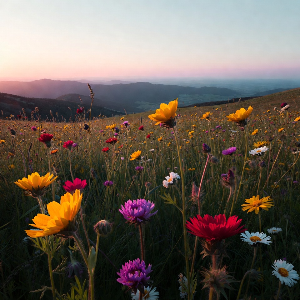 Colorful wildflower field at sunset Colorful wildflower field at sunset