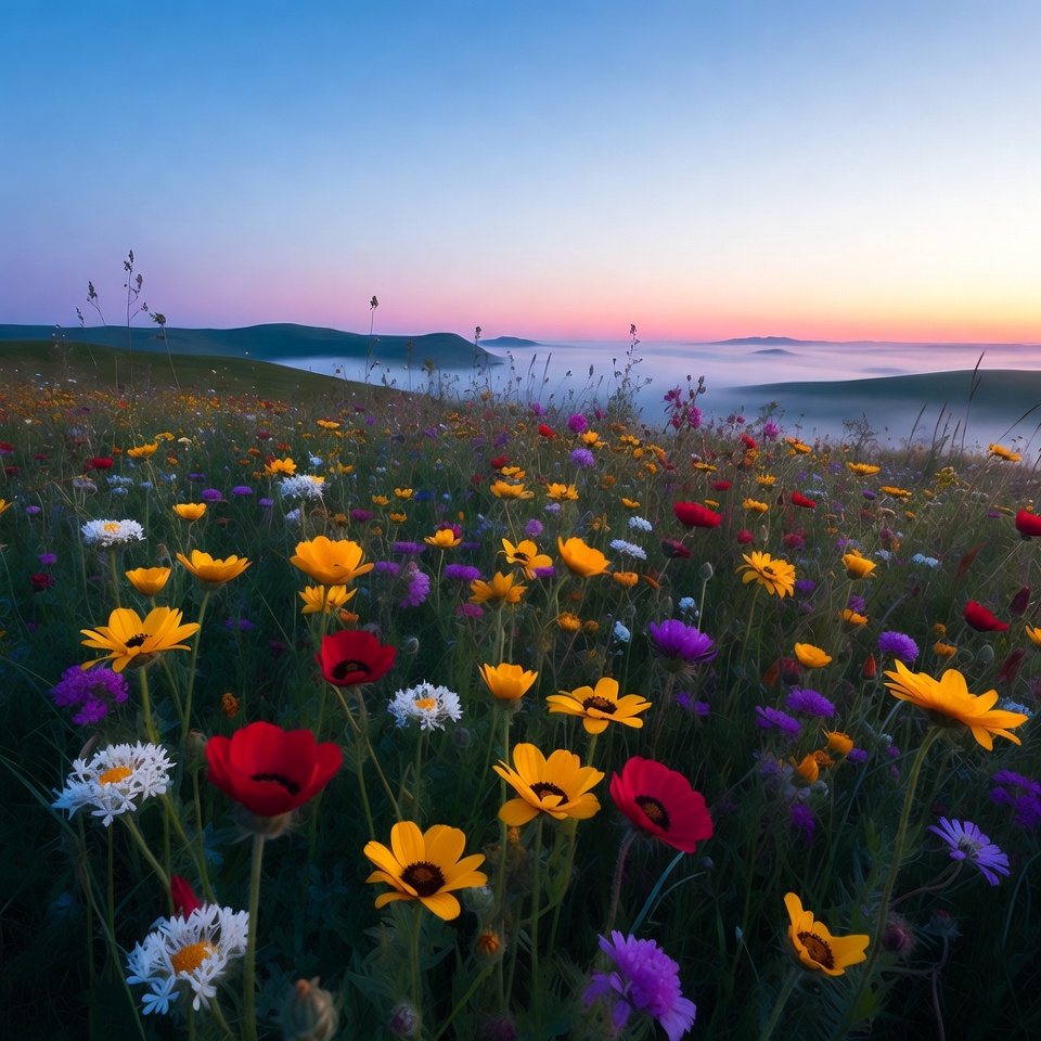Colorful Wildflowers in Foggy Sunset Hills Colorful Wildflowers in Foggy Sunset Hills