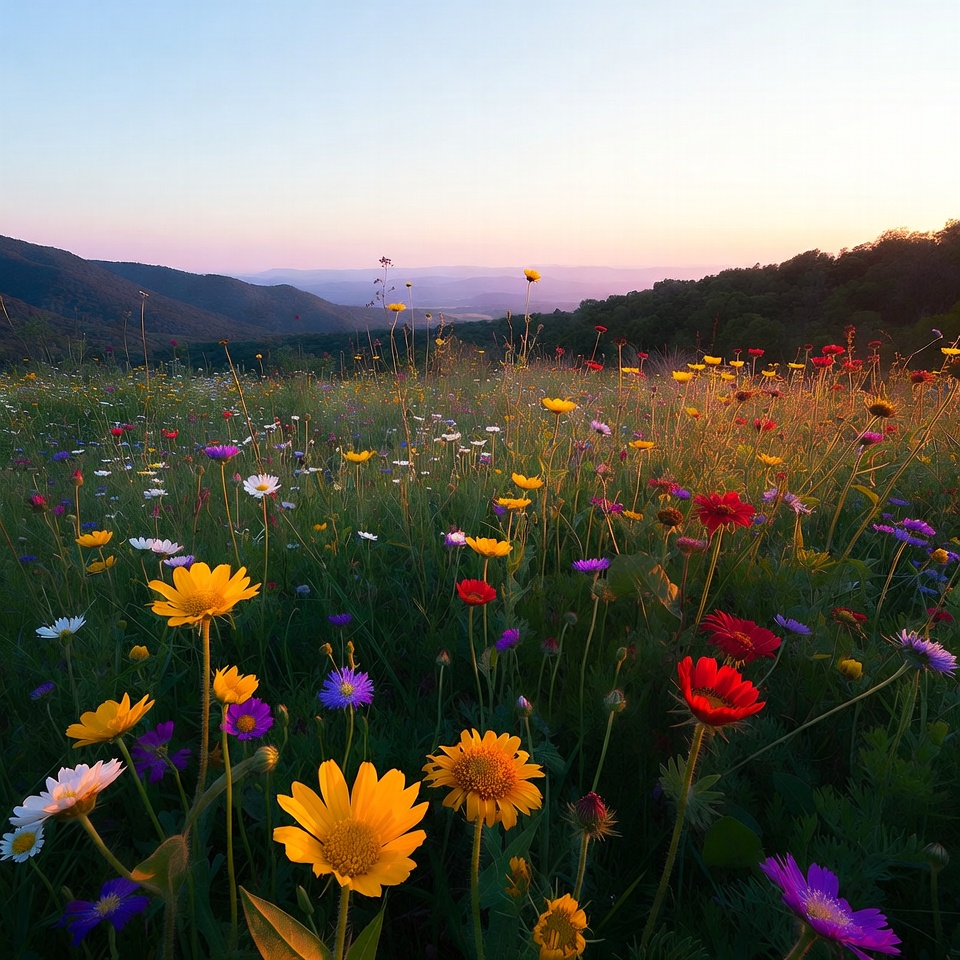 Colorful wildflower meadow at sunset Colorful wildflower meadow at sunset