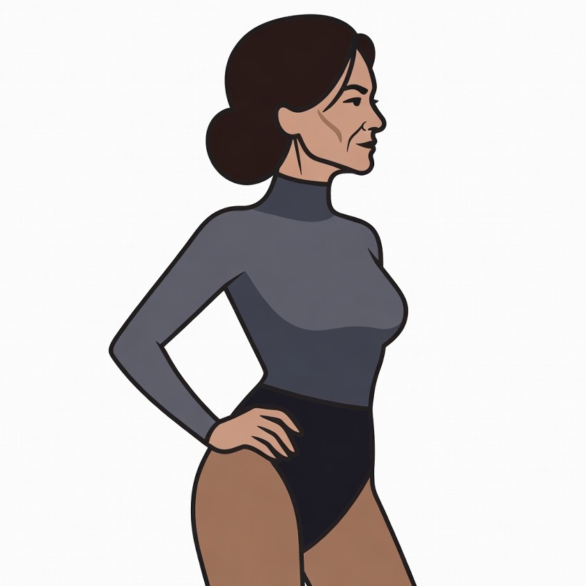 Side profile of woman in turtleneck bodysuit Side profile of woman in turtleneck bodysuit
