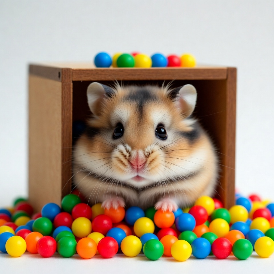 Hamster in wooden box with colorful balls Hamster in wooden box with colorful balls