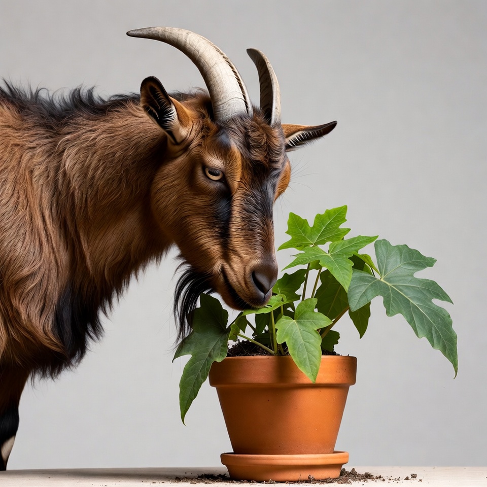 Brown goat eating houseplant Brown goat eating houseplant