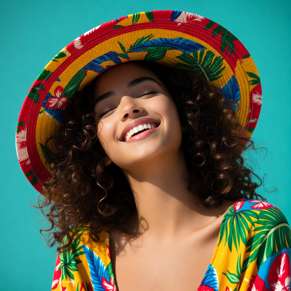 Smiling woman in colorful straw hat Smiling woman in colorful straw hat