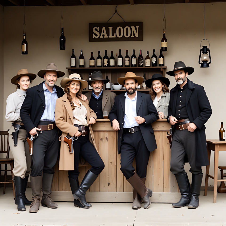Group in cowboy hats at saloon bar Group in cowboy hats at saloon bar
