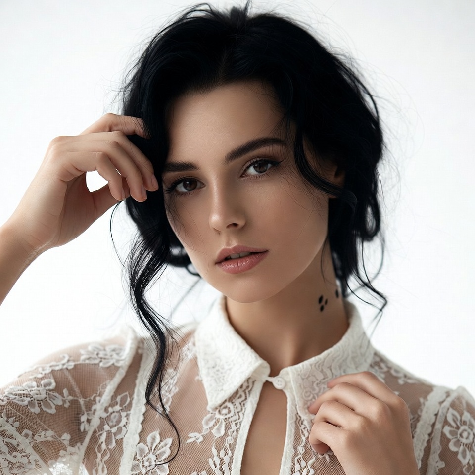 Woman touching face in lace blouse Woman touching face in lace blouse