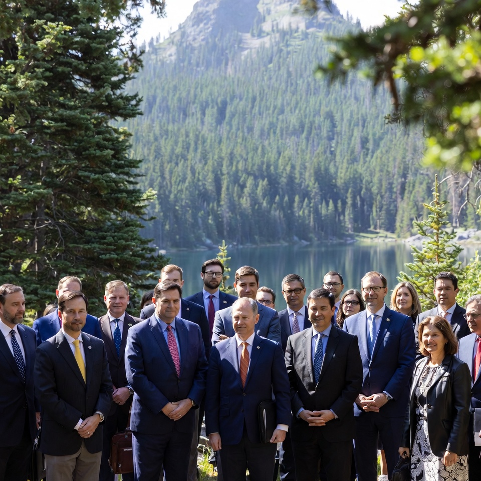 Group of suited politicians by mountain lake Group of suited politicians by mountain lake