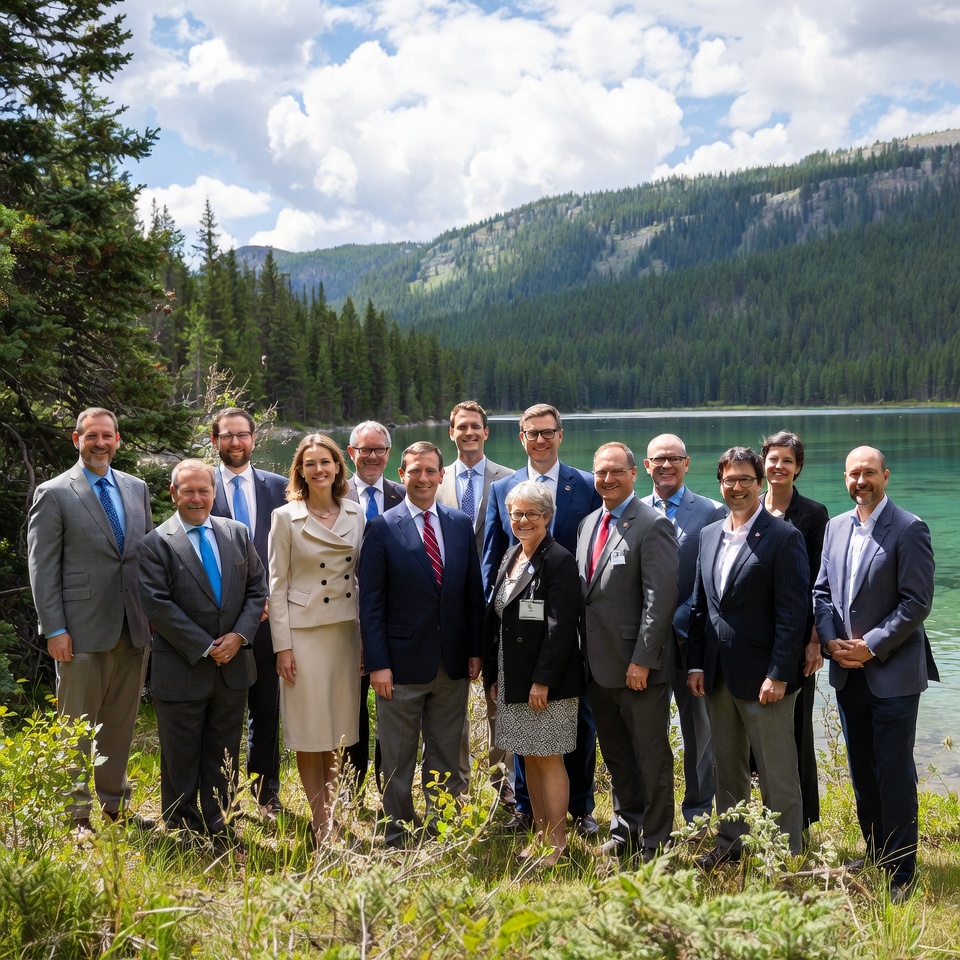 Group of business professionals by mountain lake Group of business professionals by mountain lake