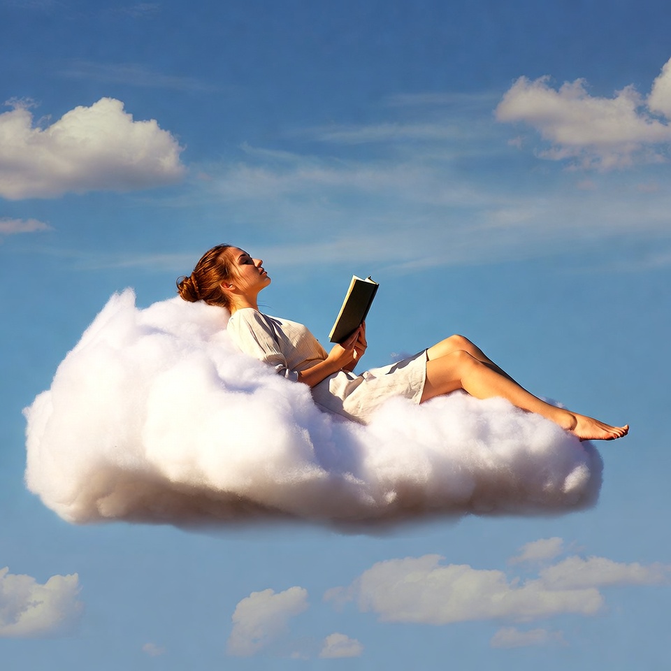 Woman reading book on cloud Woman reading book on cloud