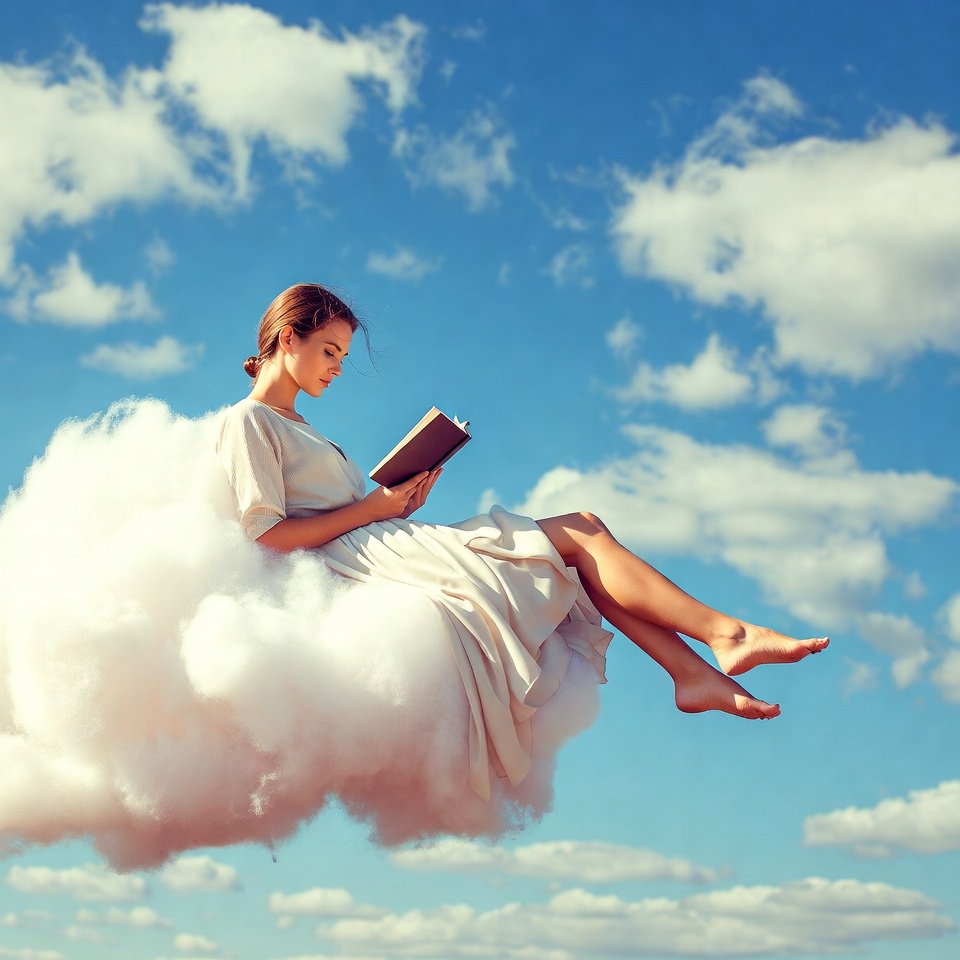 Woman reading book on clouds Woman reading book on clouds
