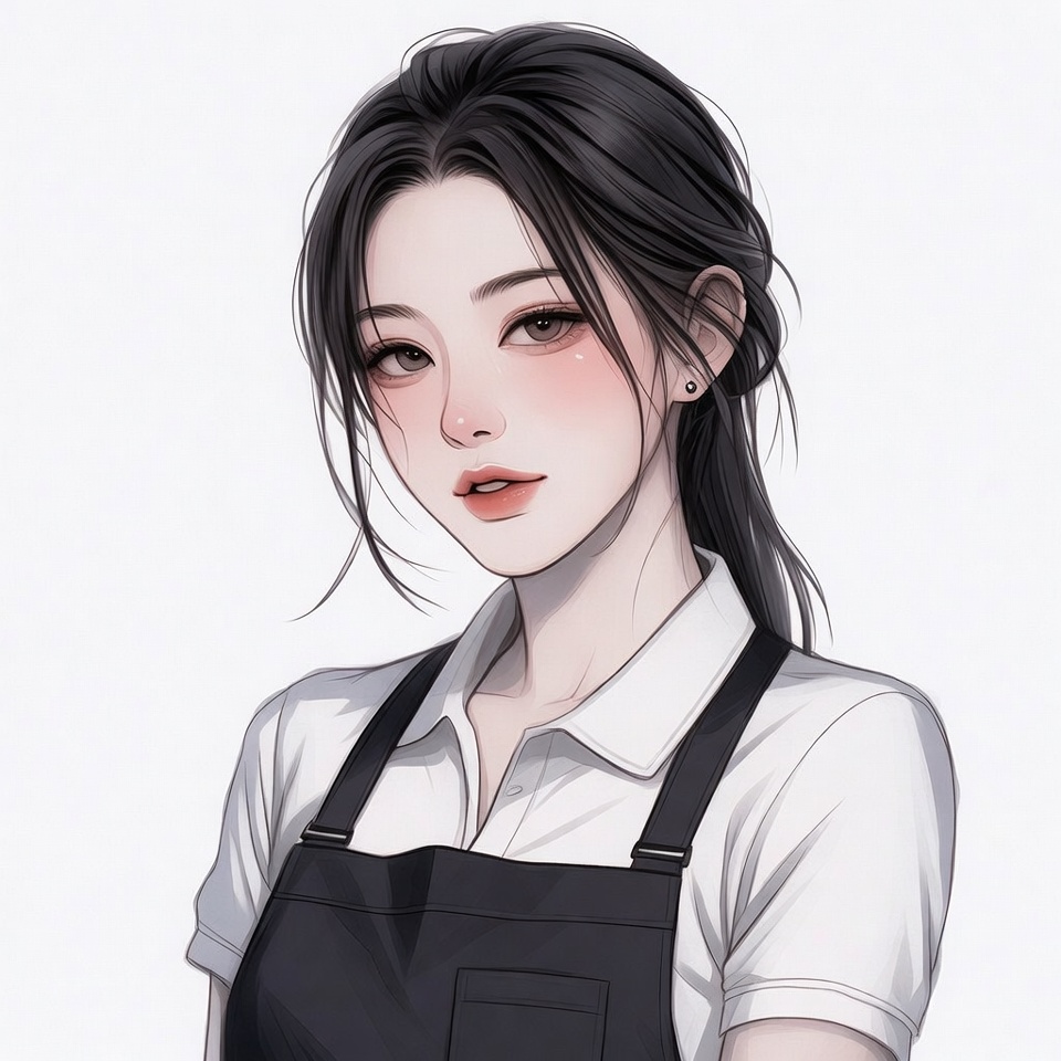 Asian woman in white shirt black apron Asian woman in white shirt black apron