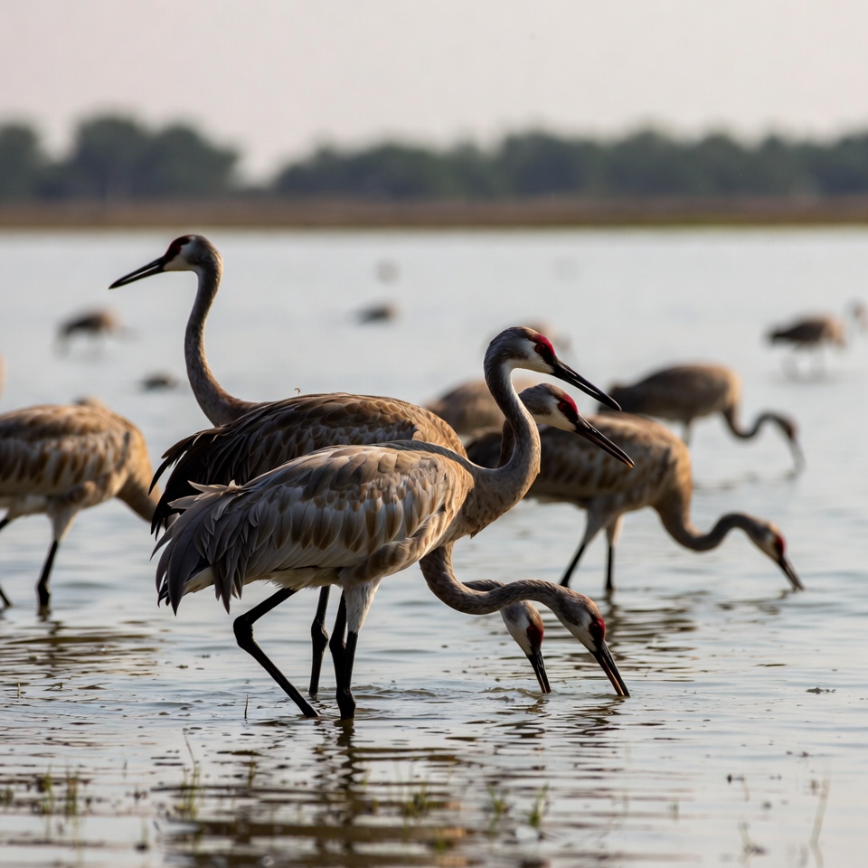 Sandhill Cranes Foraging in Shallow Water Sandhill Cranes Foraging in Shallow Water