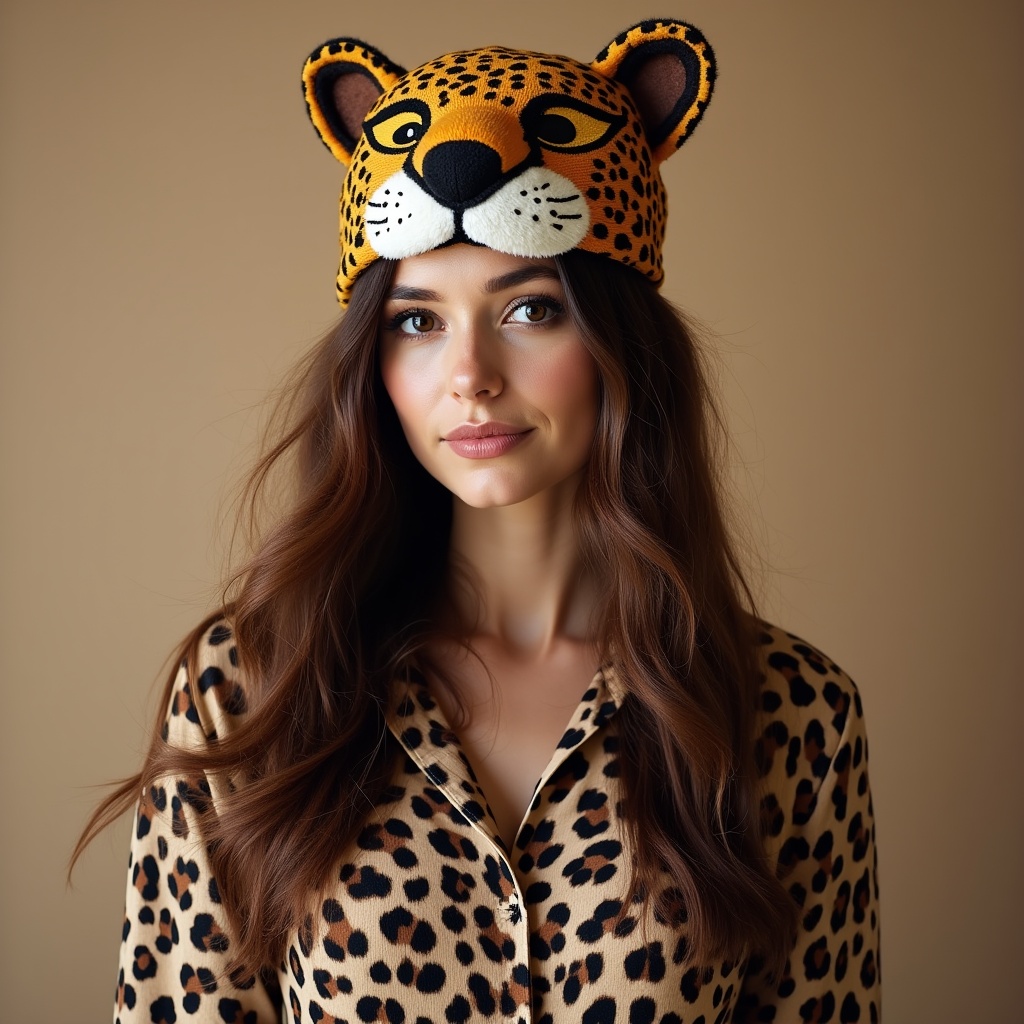 Woman wearing leopard hat and pajamas Woman wearing leopard hat and pajamas