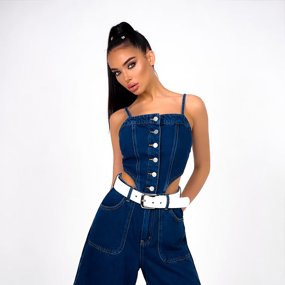 Woman in blue denim outfit Woman in blue denim outfit