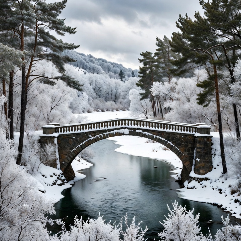 Snowy Stone Bridge Over River Snowy Stone Bridge Over River