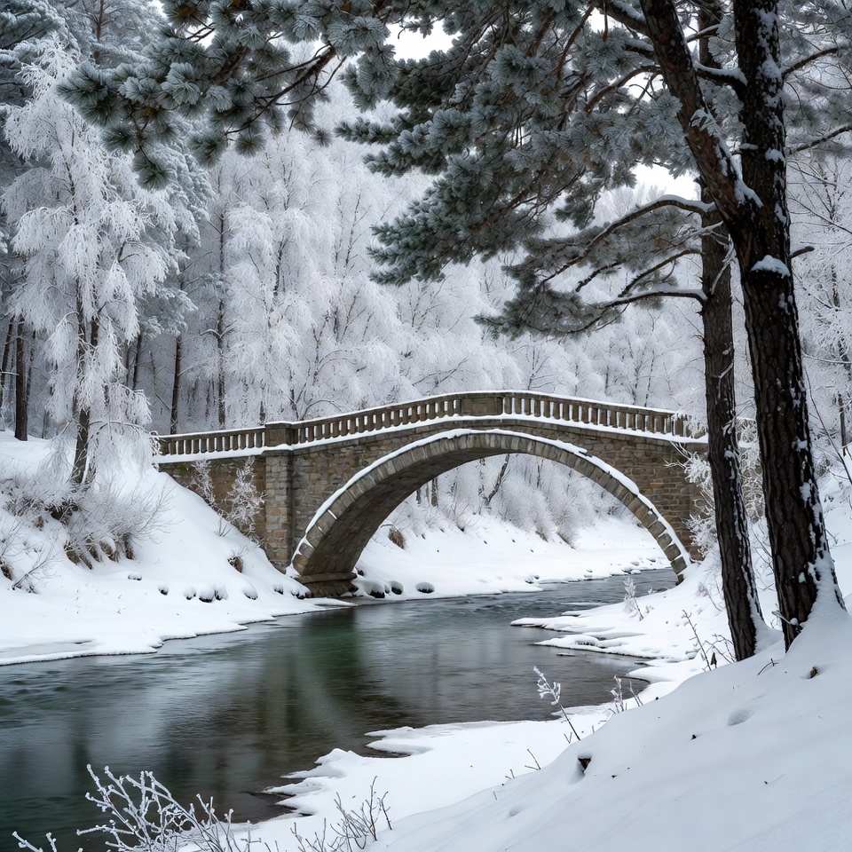 Snowy Stone Arch Bridge Over River Snowy Stone Arch Bridge Over River