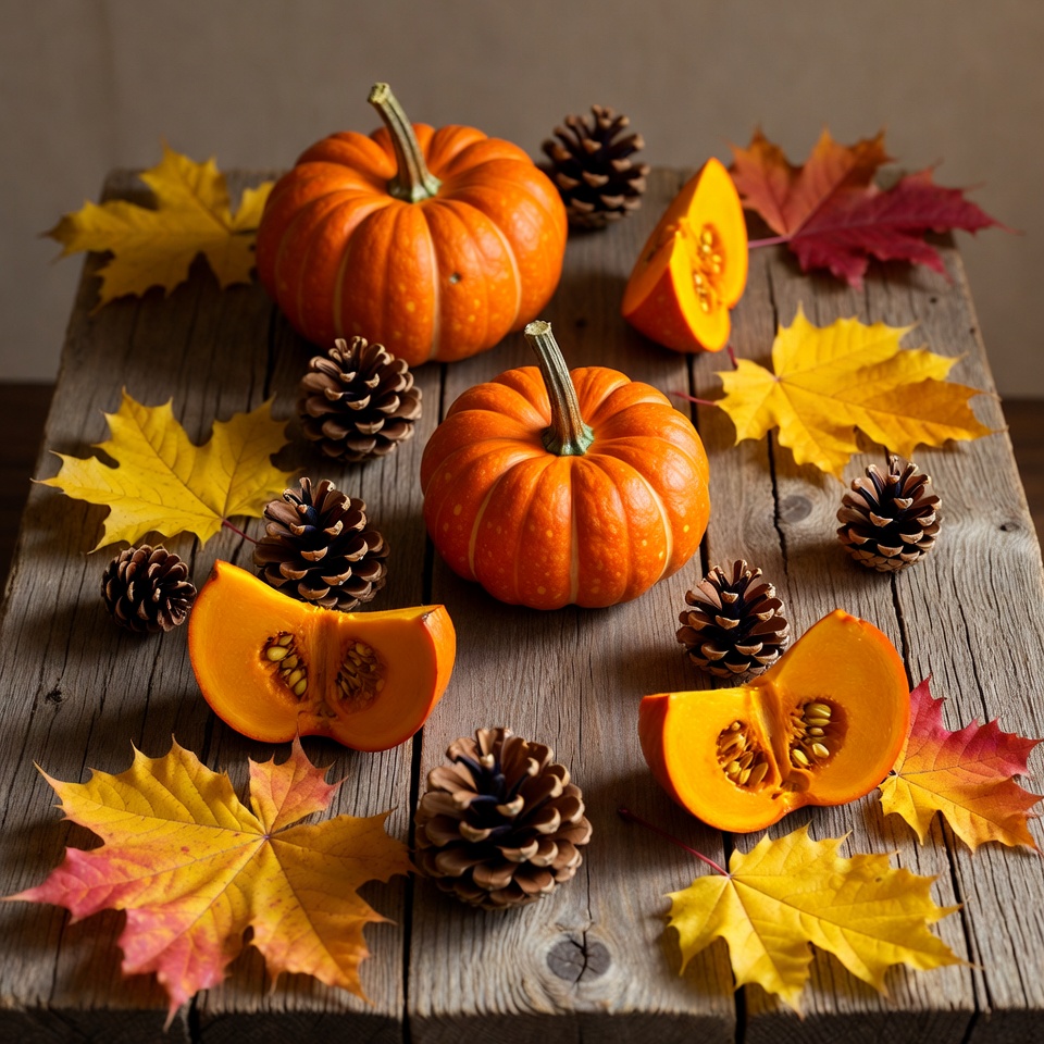 Autumn Pumpkins with Leaves and Pinecones Autumn Pumpkins with Leaves and Pinecones