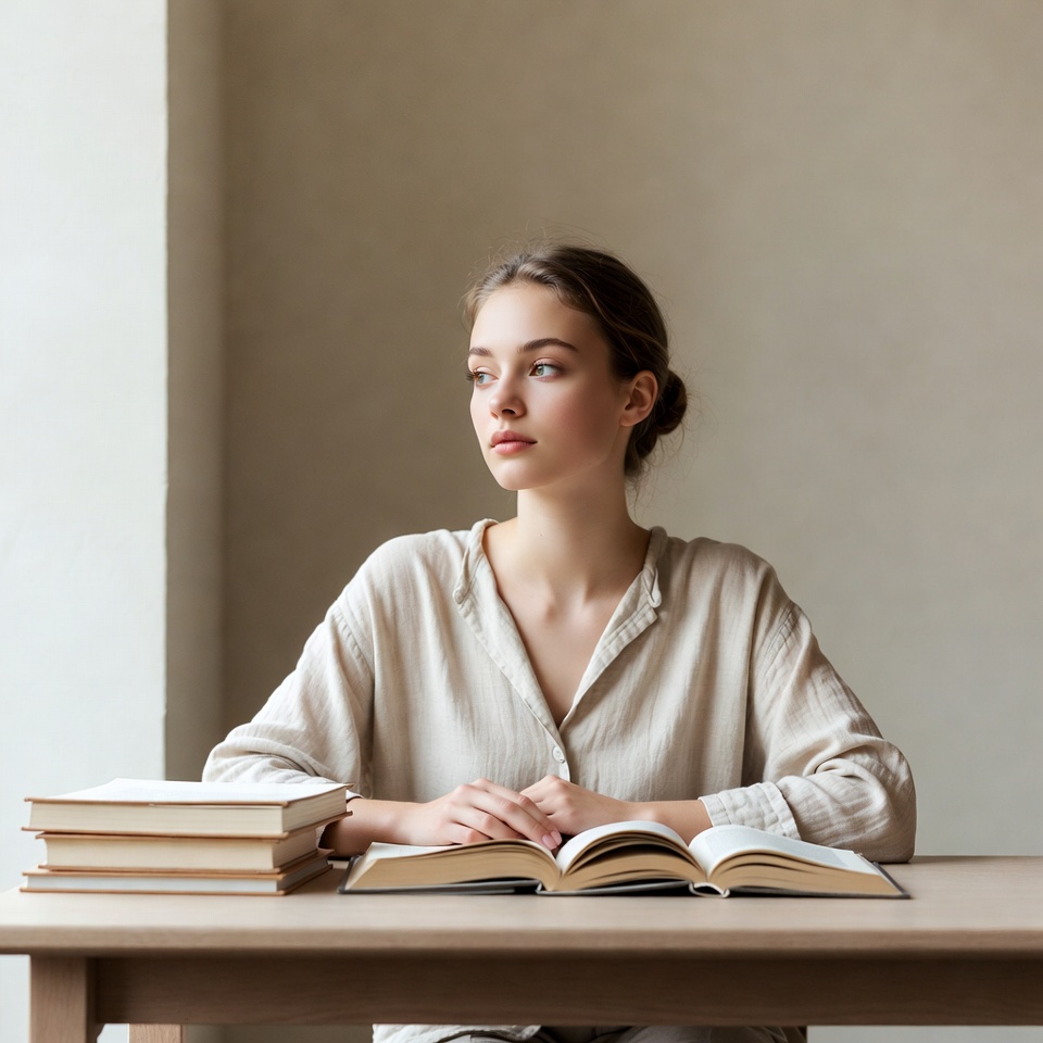 Young woman reading book at table Young woman reading book at table