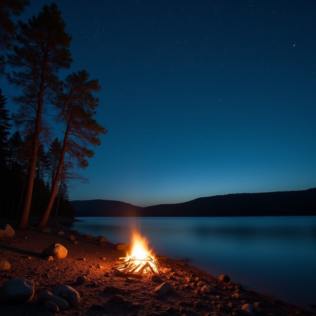 Campfire by lake at night Campfire by lake at night