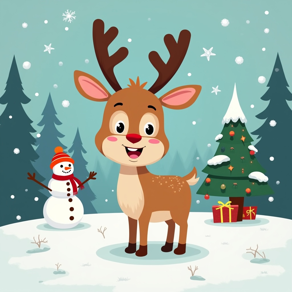 Cute Reindeer with Snowman Christmas Scene Cute Reindeer with Snowman Christmas Scene