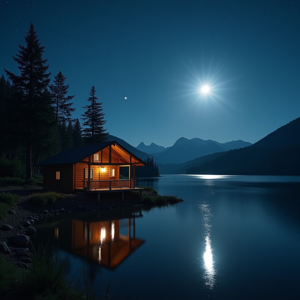Log cabin by lake under full moon Log cabin by lake under full moon
