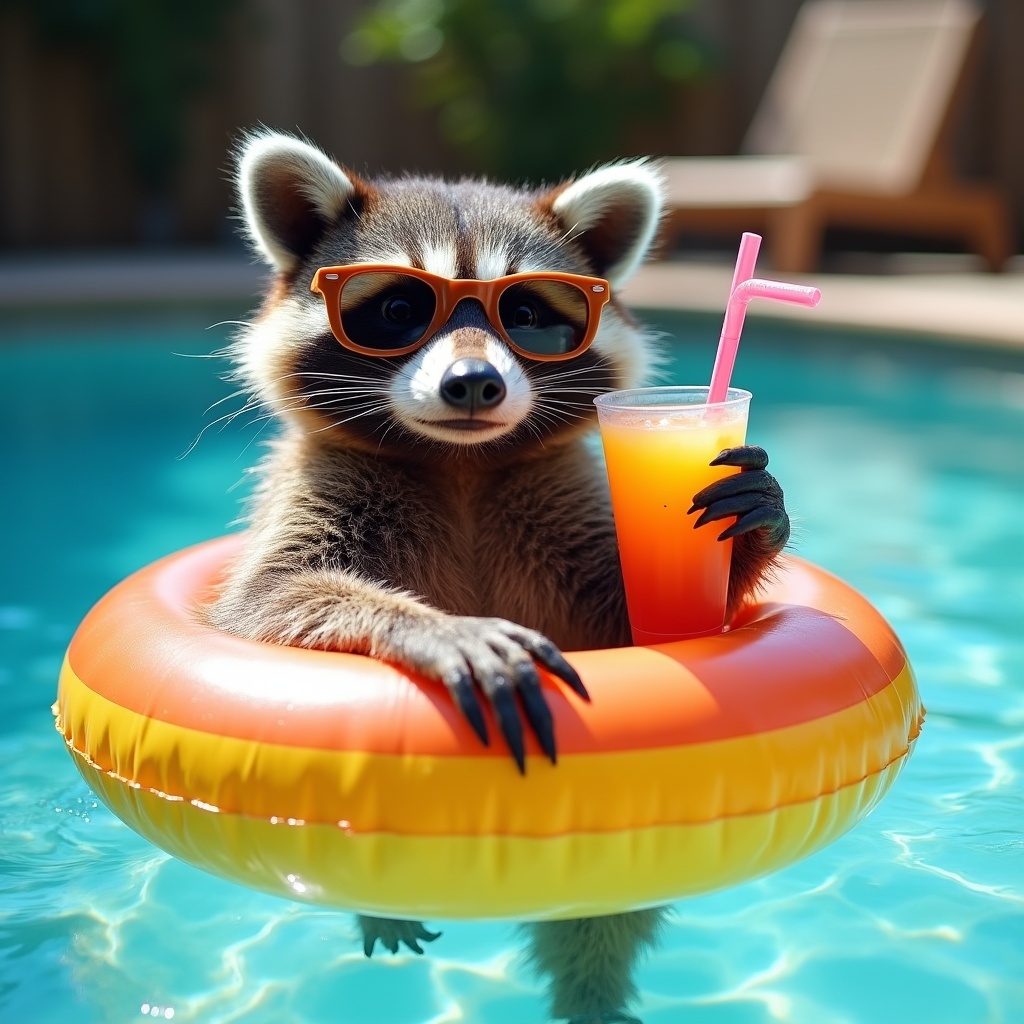 Raccoon in sunglasses with orange drink Raccoon in sunglasses with orange drink