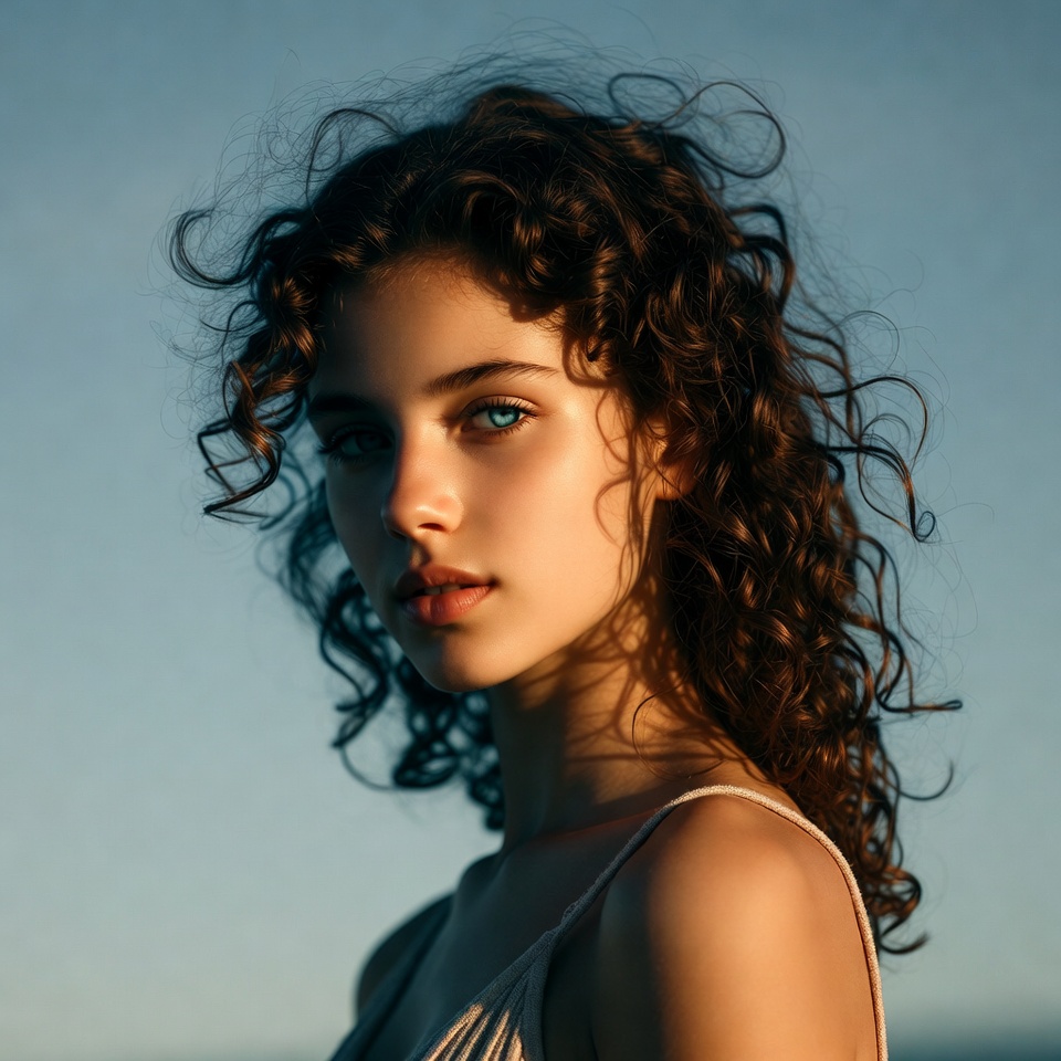 Curly-haired woman with blue eyes Curly-haired woman with blue eyes
