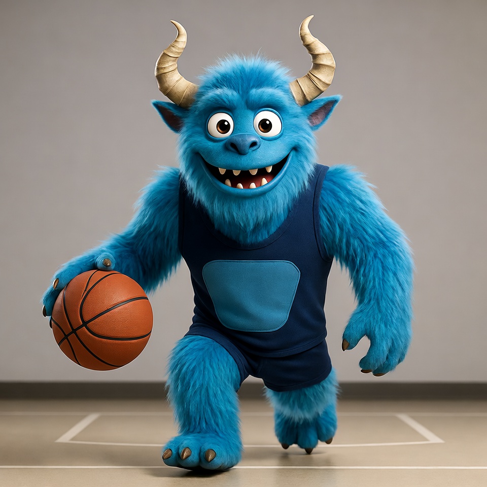 Blue furry monster dribbling basketball Blue furry monster dribbling basketball