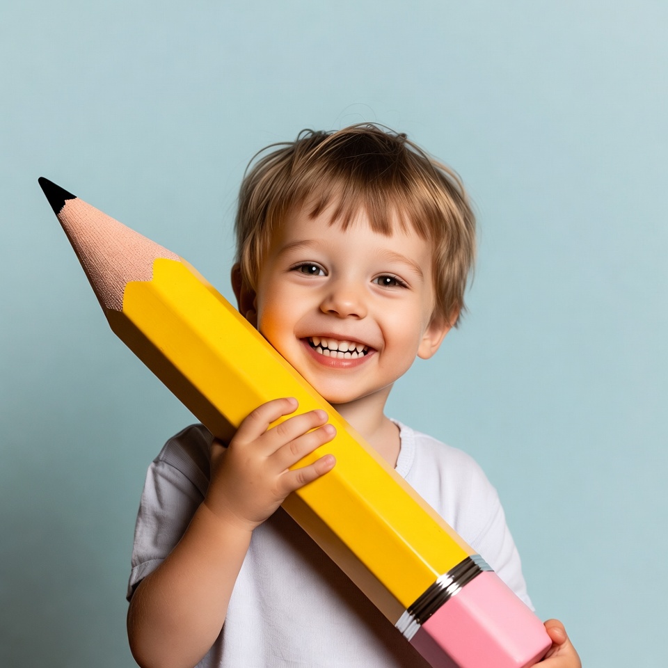 Boy holding giant yellow pencil Boy holding giant yellow pencil