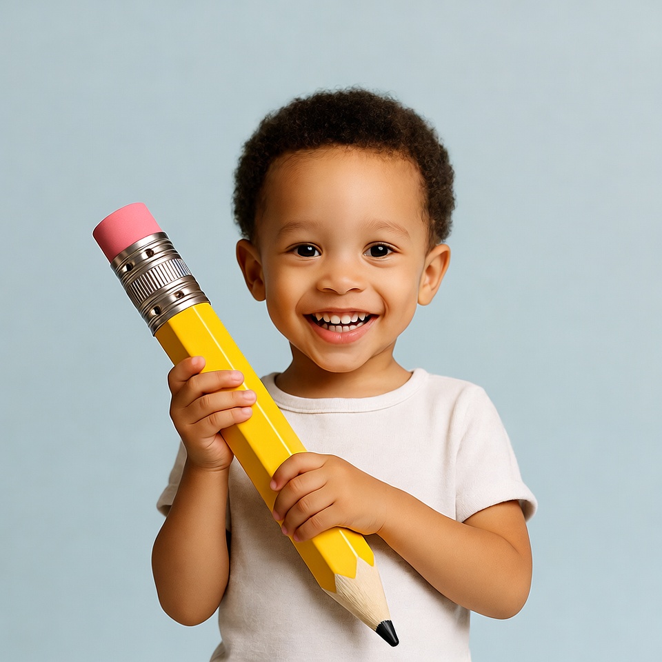 African-American boy holding giant pencil African-American boy holding giant pencil