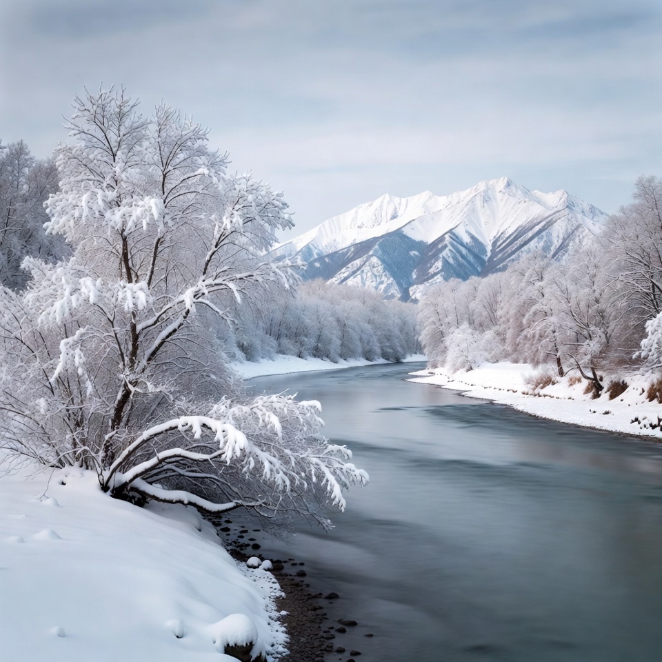 Winter River with Snowy Mountains Winter River with Snowy Mountains