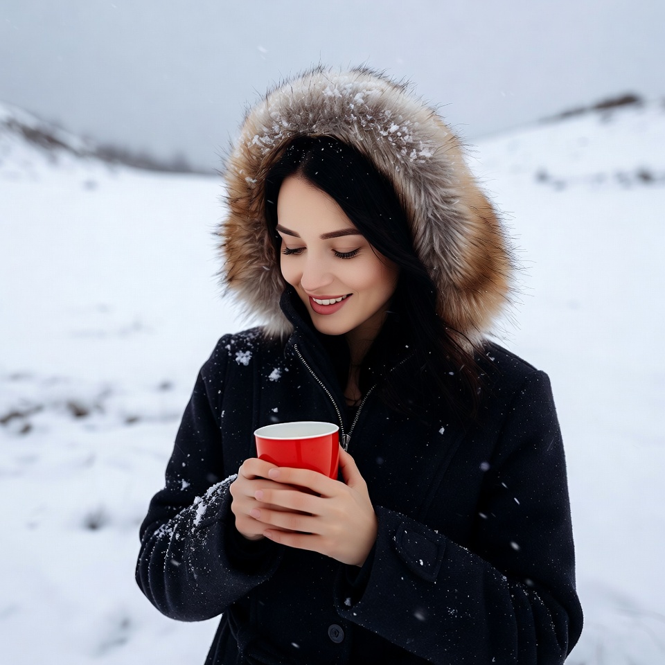 Woman sipping red cup in snowy landscape Woman sipping red cup in snowy landscape