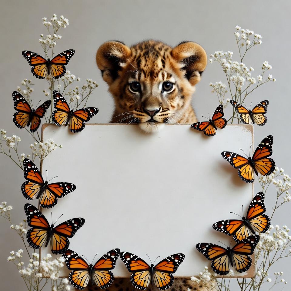 Lion cub holding blank sign Lion cub holding blank sign
