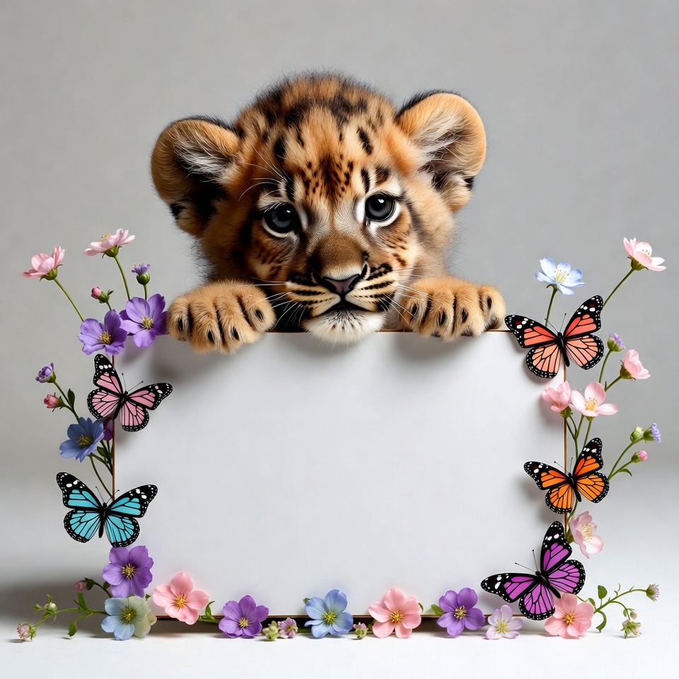 Baby Lion Holding Blank Sign with Flowers Baby Lion Holding Blank Sign with Flowers