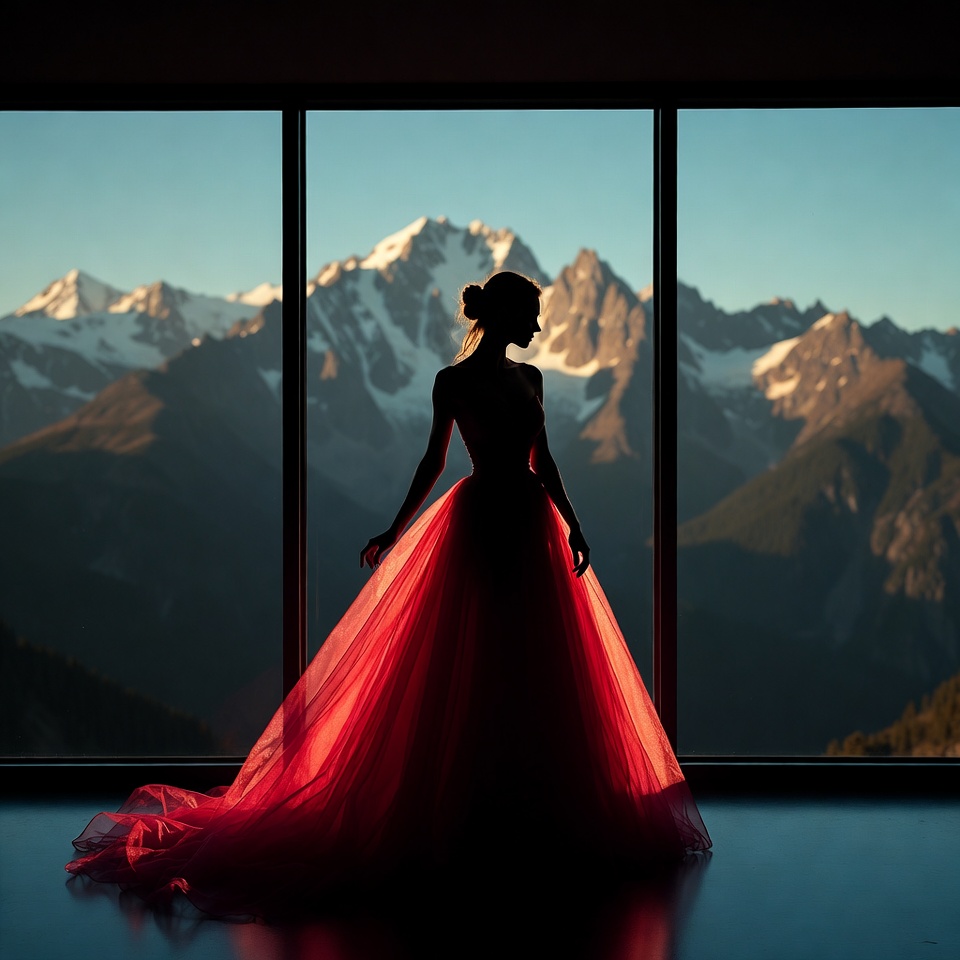 Woman in red gown silhouette mountains Woman in red gown silhouette mountains