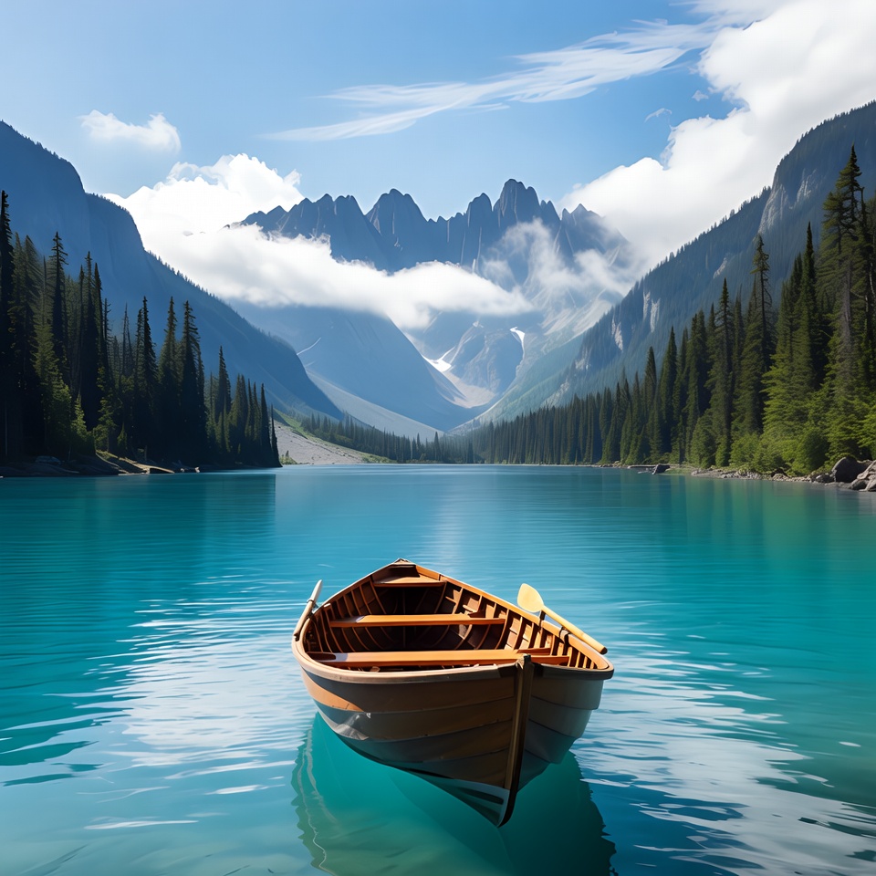 Wooden Rowboat on Turquoise Mountain Lake Wooden Rowboat on Turquoise Mountain Lake