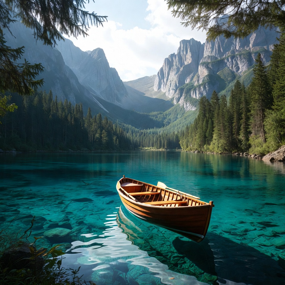 Wooden Boat on Turquoise Mountain Lake Wooden Boat on Turquoise Mountain Lake