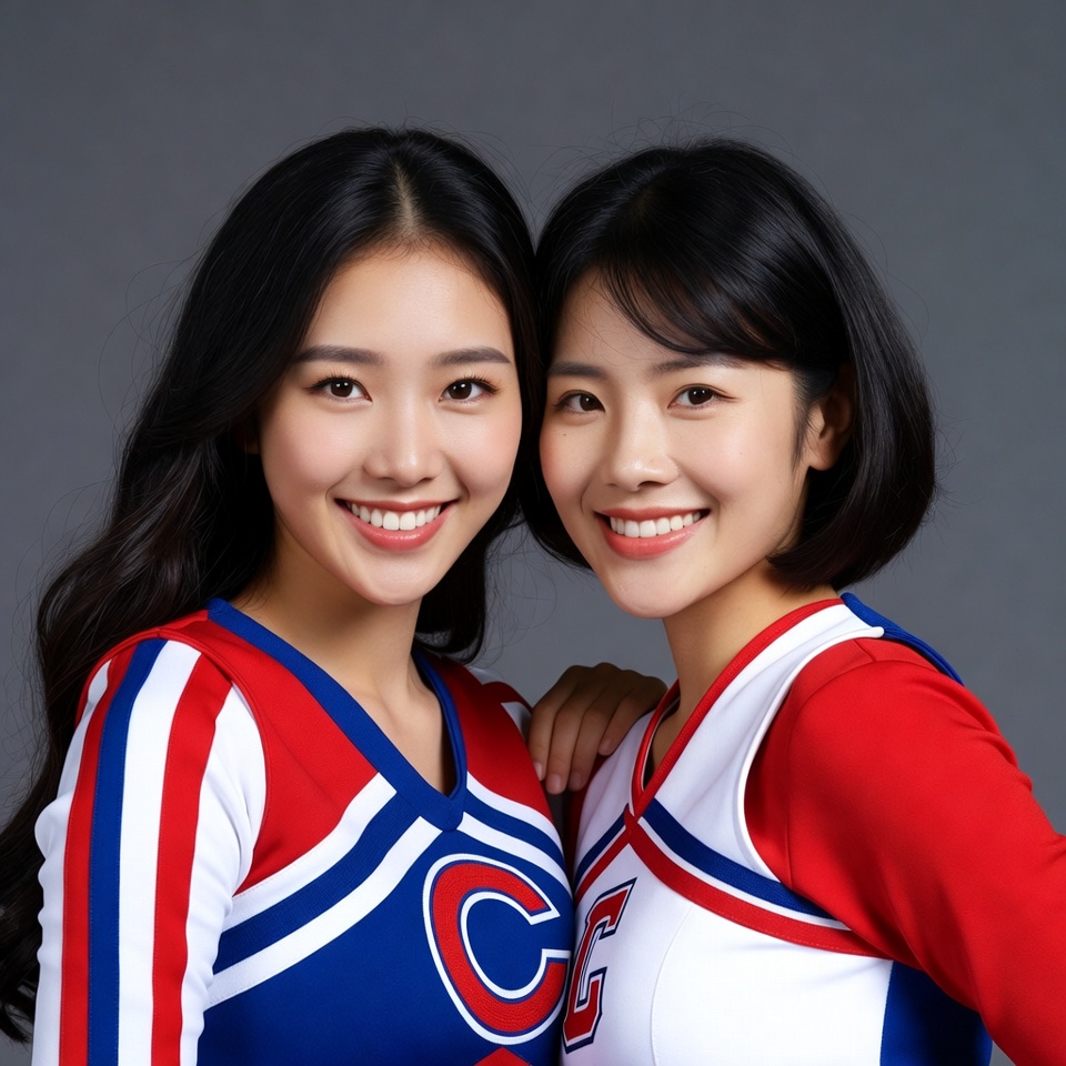 Two Asian women in cheerleader uniforms Two Asian women in cheerleader uniforms