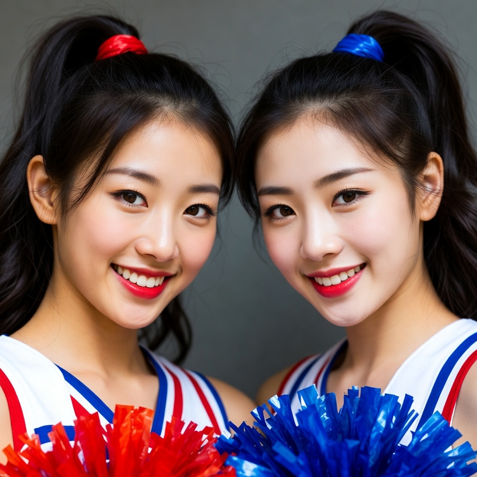 Two Asian cheerleaders with pom poms Two Asian cheerleaders with pom poms