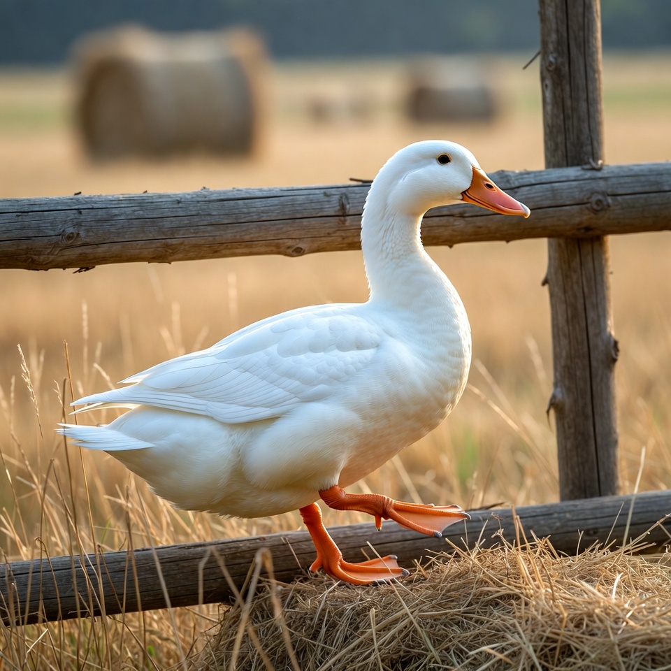 White duck by wooden fence White duck by wooden fence