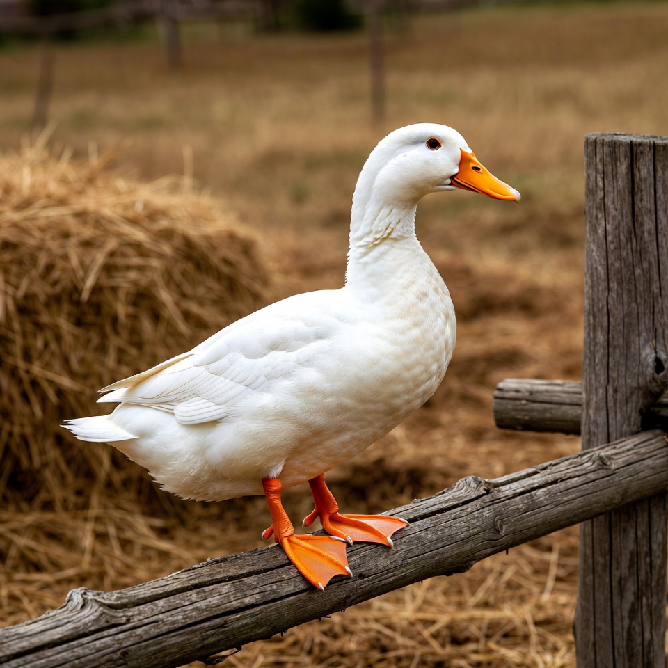 White duck standing on wooden fence White duck standing on wooden fence