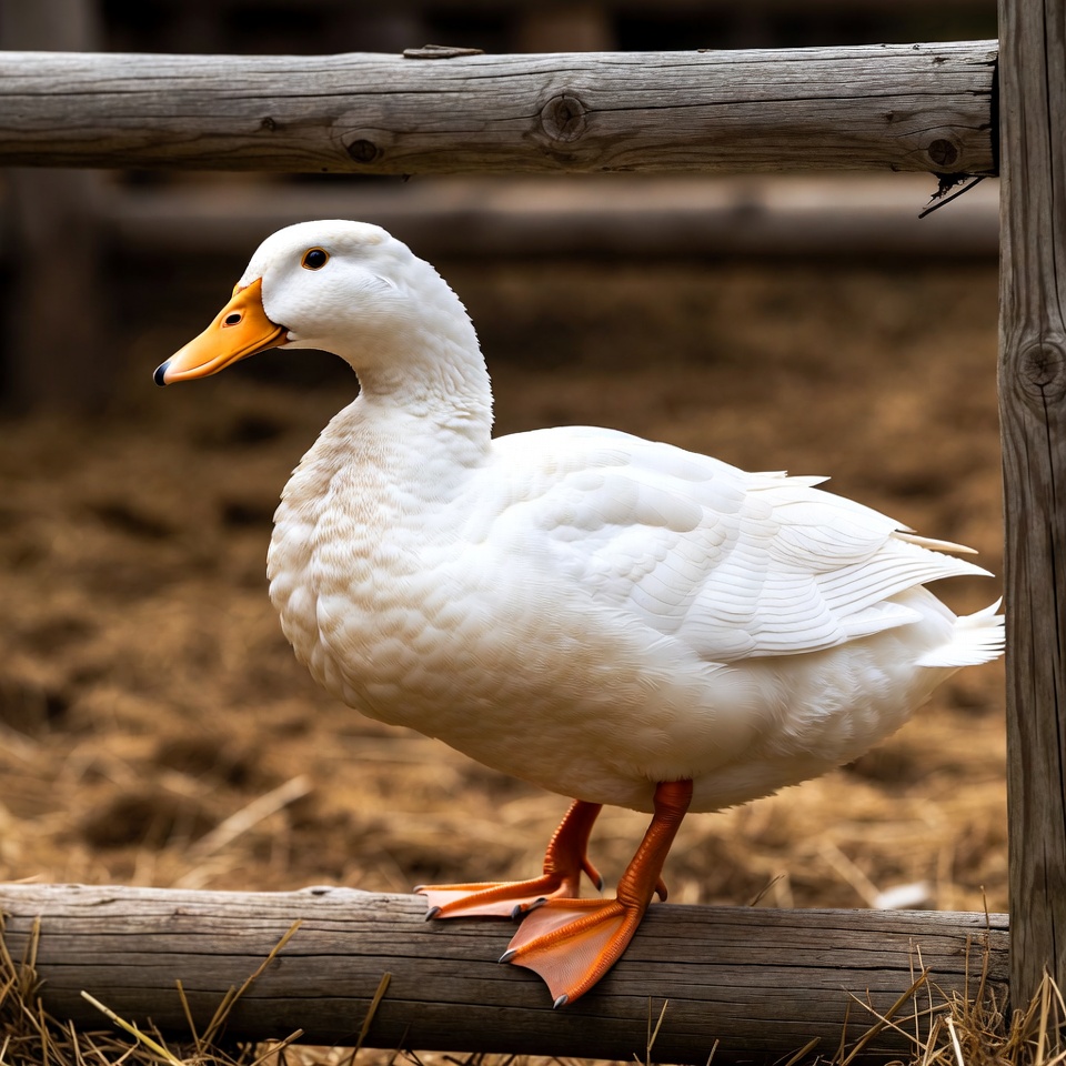 White duck standing on wooden fence White duck standing on wooden fence