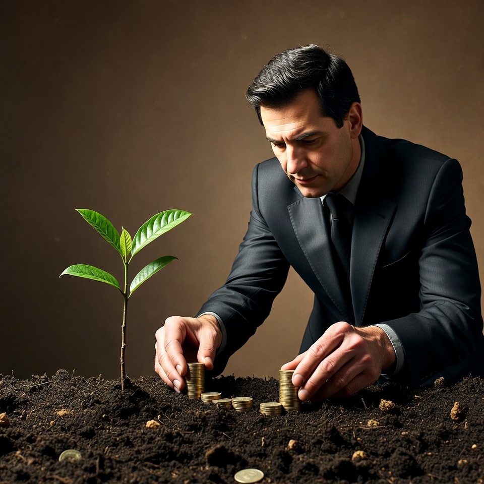 Businessman planting seedling with coins Businessman planting seedling with coins