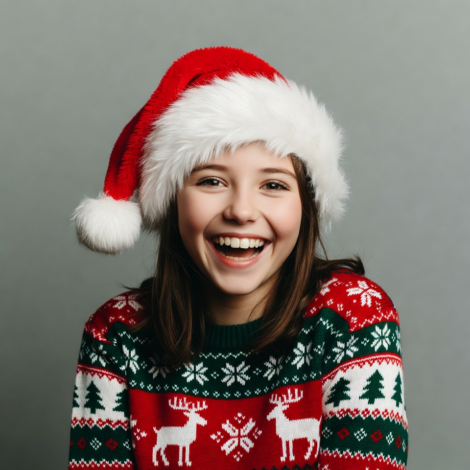 Girl smiling in Santa hat and reindeer sweater Girl smiling in Santa hat and reindeer sweater